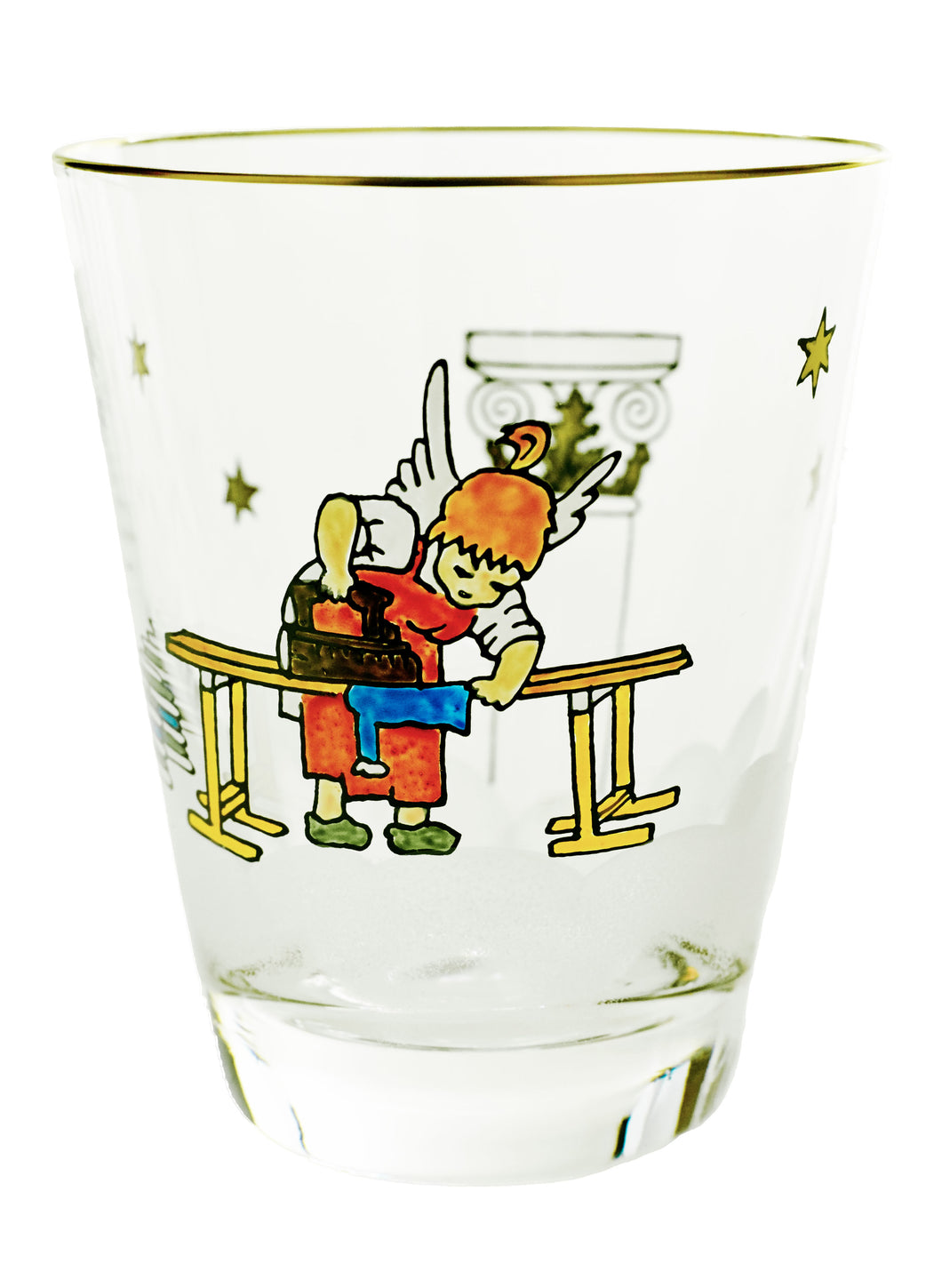 BILDERBUCH Becher 107 mm, klares Glas, Goldrand und Malerei Bügelnder Engel'