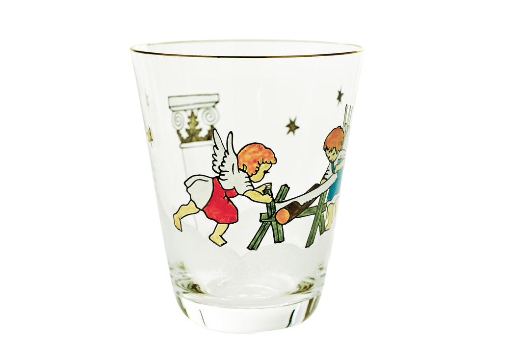 BILDERBUCH Becher 107 mm, klares Glas, Goldrand und Malerei 'Holzarbeitende Engel'